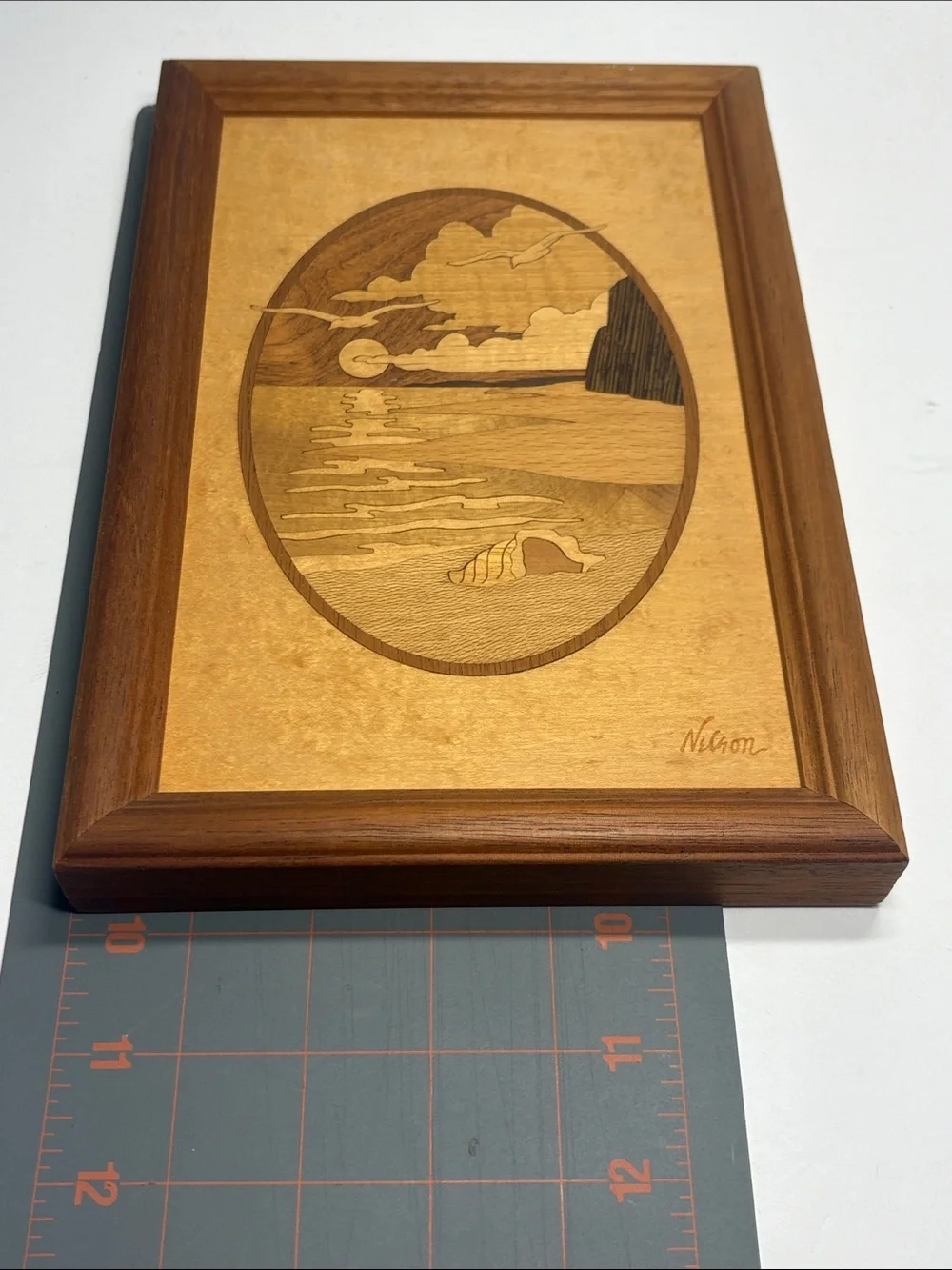 Handcrafted Wooden Marquetry Coastal Scene Hudson River Inlay Framed